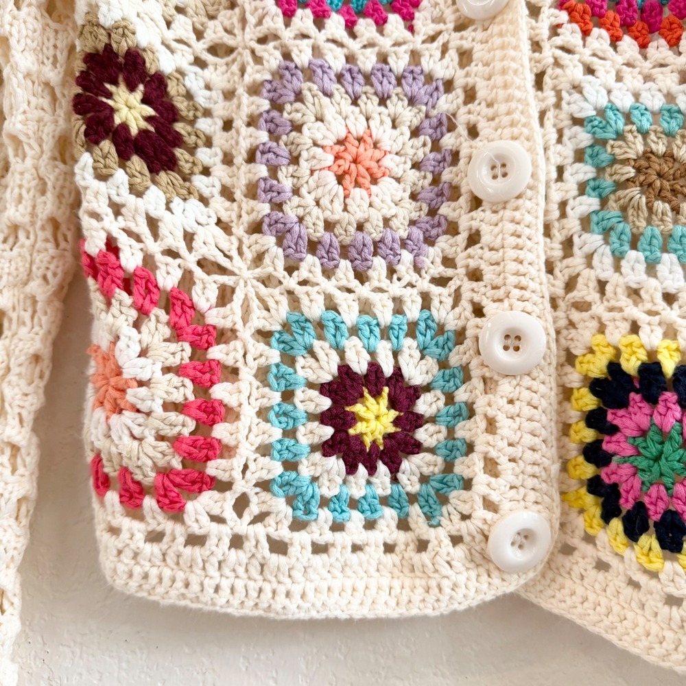 Vintage Style Granny Square Crochet Cardigan Cream Multi Boho Cropped Sweater S - Picture 2 of 9